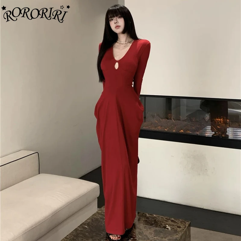 Roriri vestido longo vermelho com decote em v, feminino, fenda de outono, mangas compridas, drapeado, plissado, malha sólida, peça única, retrô, vestido de festa de noite