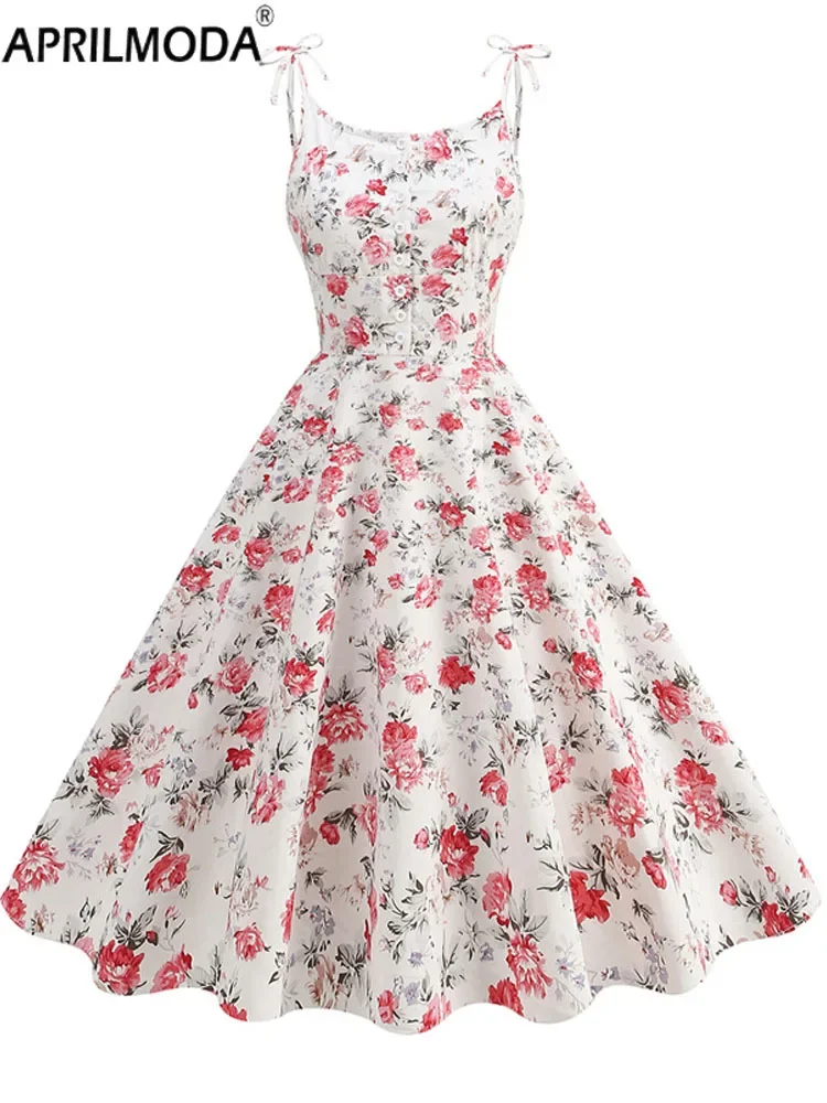 Sexy Party Short Cocktail Vintage Dress with Pocket Spaghetti Straps 2024 Bow Button Shirt Floral Print Hepburn Style 50s Dress