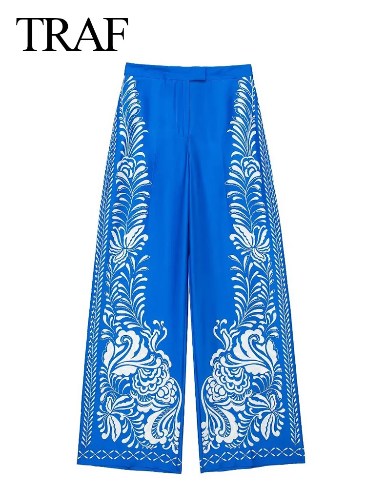 TRAF 2024 Spring Woman Fashion Wide Leg Pants Blue Print High Waist Pockets Zipper Trousers Female Bohemian Style Long Pants