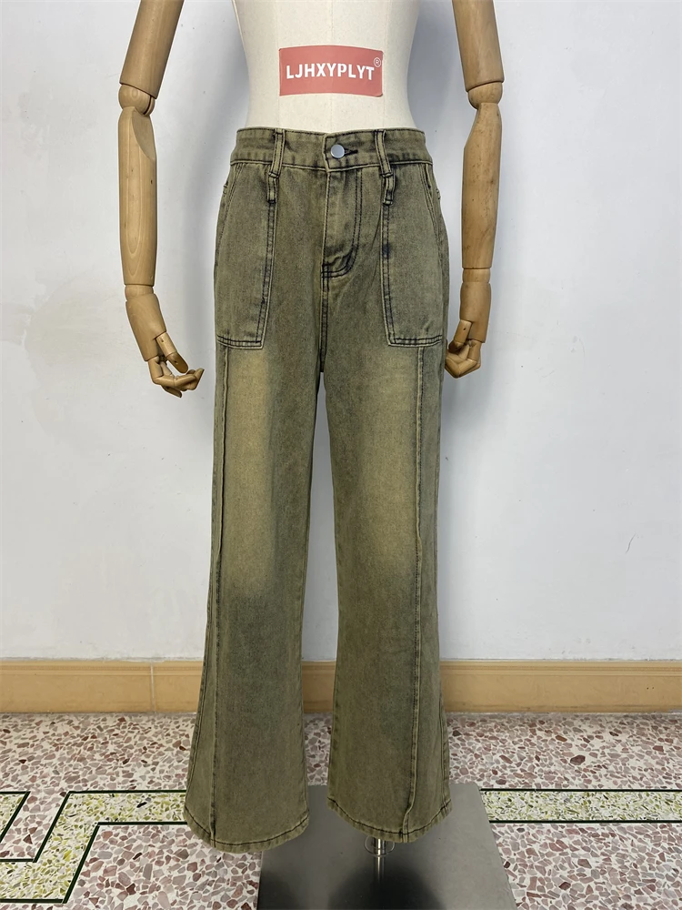 

Women's Washed Old Patchwork Soil Yellow Vintage Jeans High Waisted Straight 90s Trouser Streetwear Casual Y2K Denim Pants