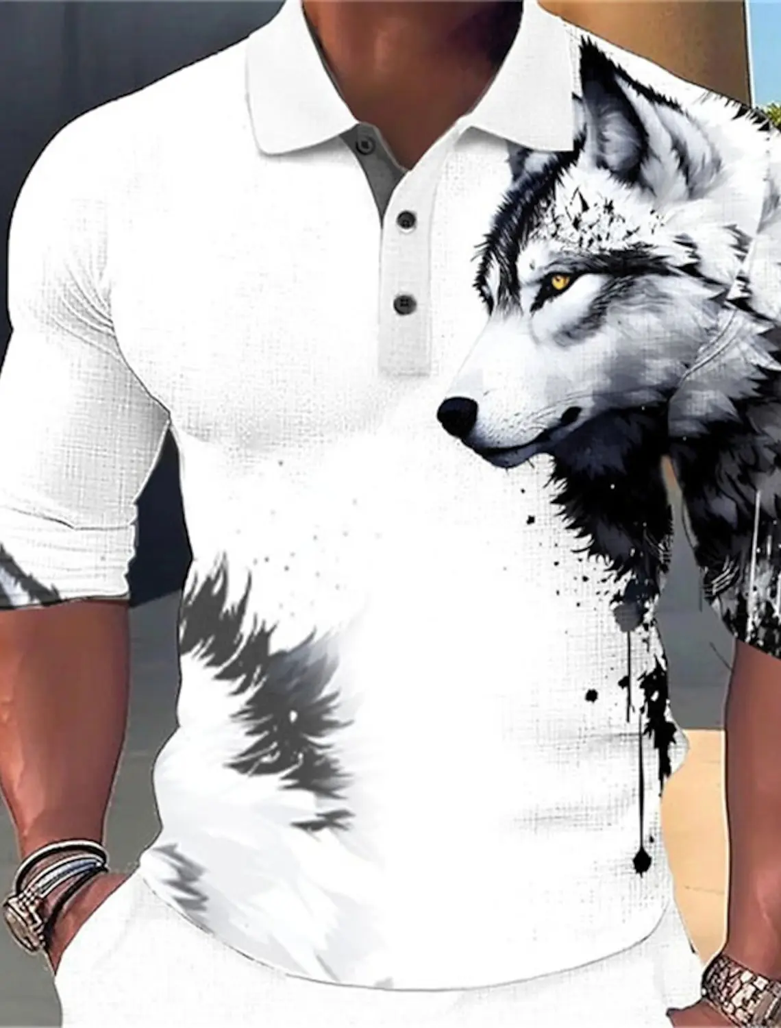 Wolf Men's Abstract 3D Printed Outdoor Casual Everyday Streetwear Short Sleeve Cuffed Polo Shirt Micro Stretch Lapel Polo Shirt