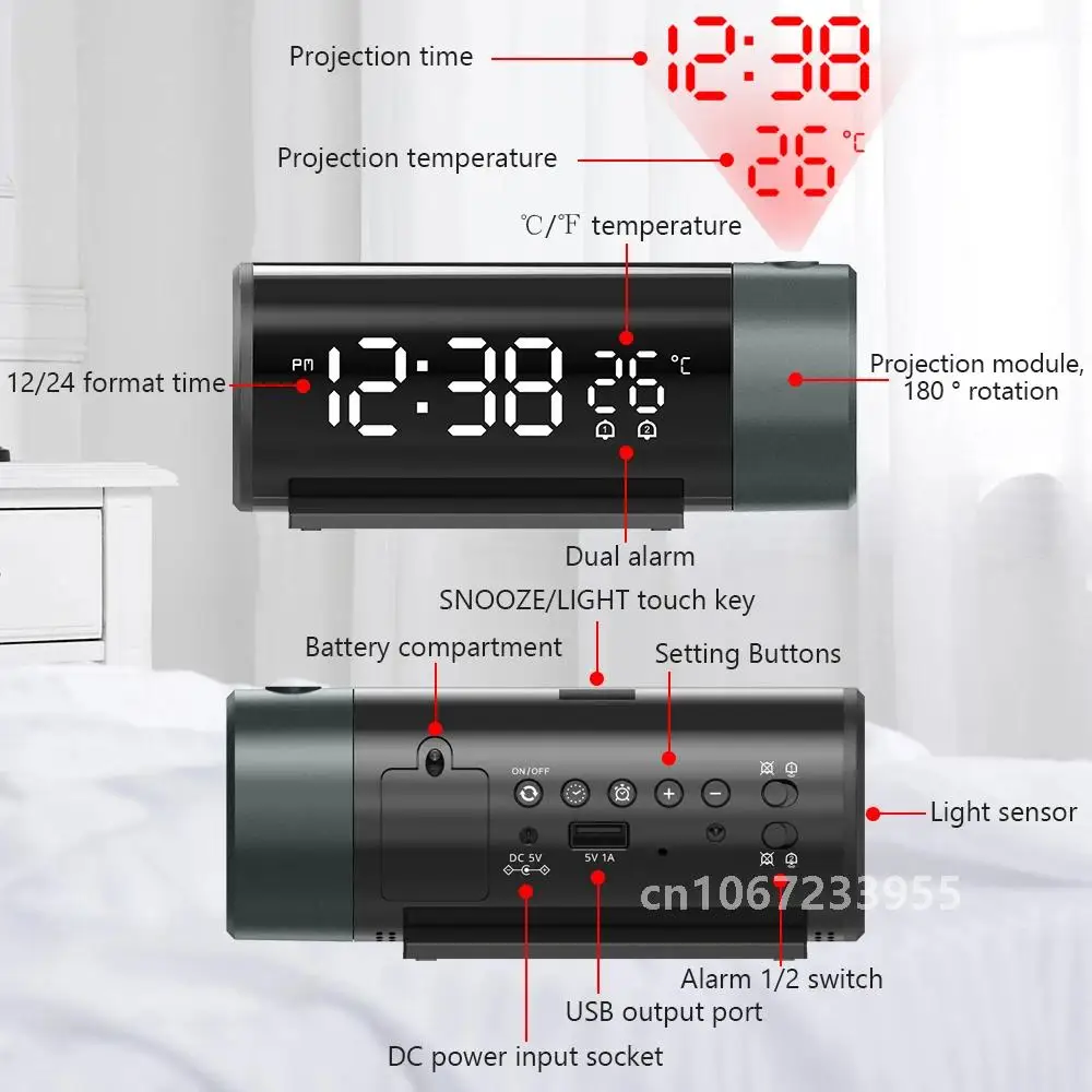 Digital Projection Alarm Clock With Temperature 180°Rotation USB Electronic Table Bedroom Bedside Clocks 3D Wall Snooze Function