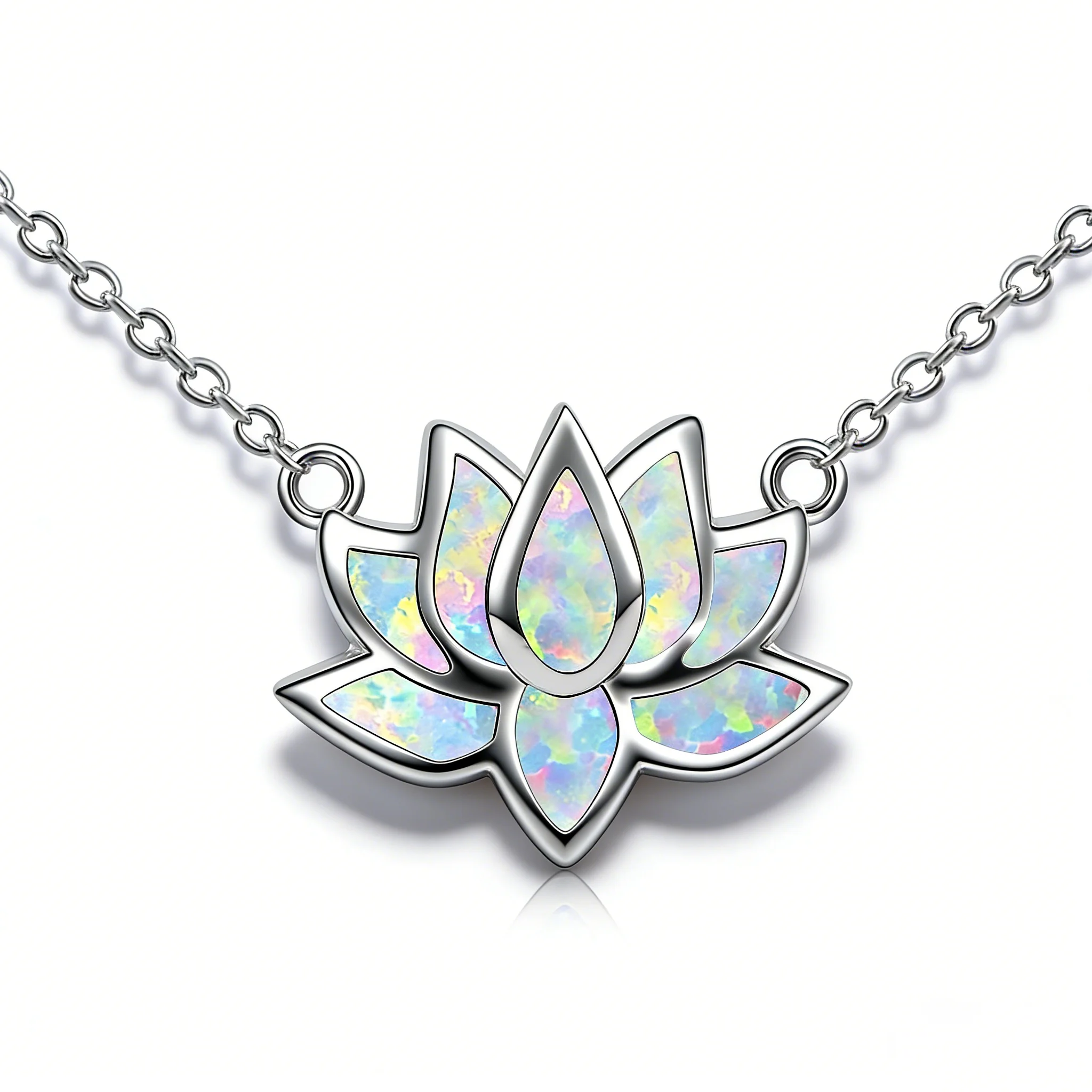 

Dainty Lotus Flower Pendant Necklace,Love Heart Design with White Opal & Silver Color Chain,Valentines Birthday Gift for Women