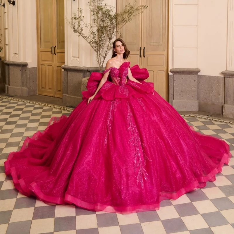 Rose Red Glitter Quinceanera Dresses Off Shoulder Ball Gown Sweet 16 Dress Sequin Applique Beading Bow Tull Corset Party Birthda
