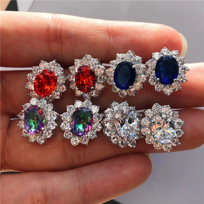 Boho Female Luxury Rainbow Zircon Stud Earrings Vintage Silver Color Wedding Jewelry