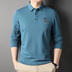 T-shirt à manches longues en pur coton pour hommes, revers, mode décontractée d'affaires, polo rayé tout match, automne