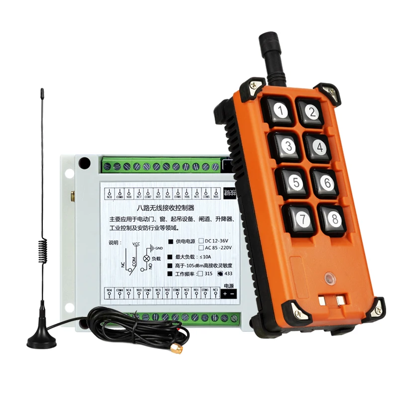 433MHz AC85V-220V 8-channel Wireless Remote Control Switch 10A Relay Receiver Crane Universal Access Control Learning Code