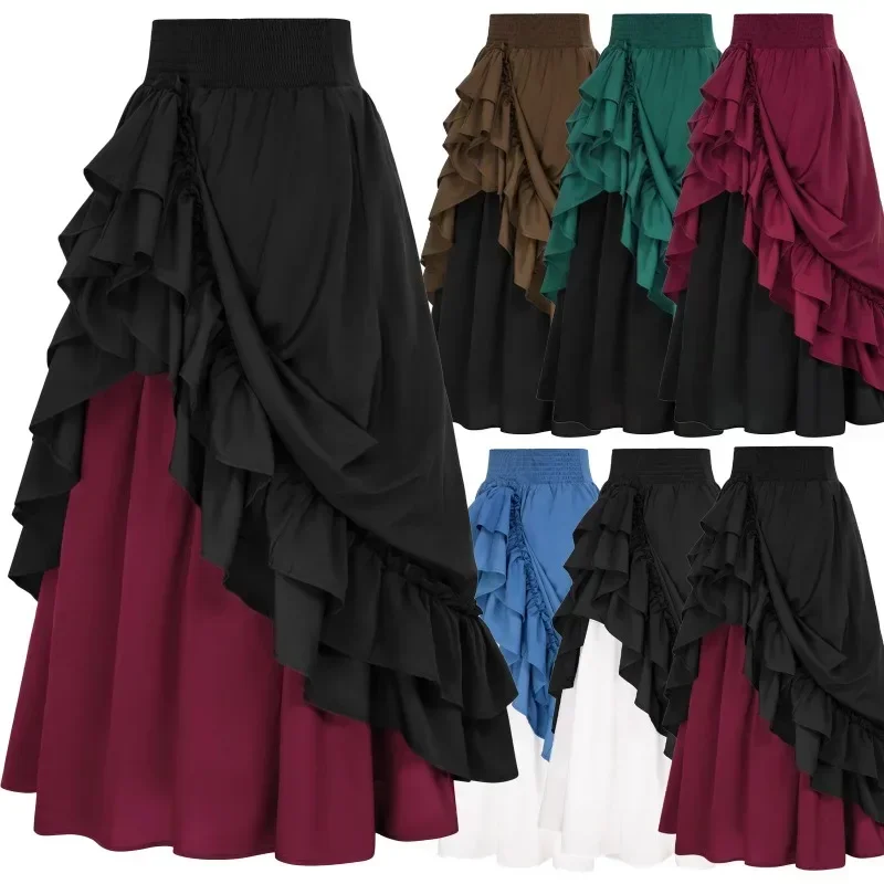 Ladies Halloween Costume European and American Court Style Retro Ruffled Wood Ear Edge Draw Rope Matching Color Large Hem Skirt