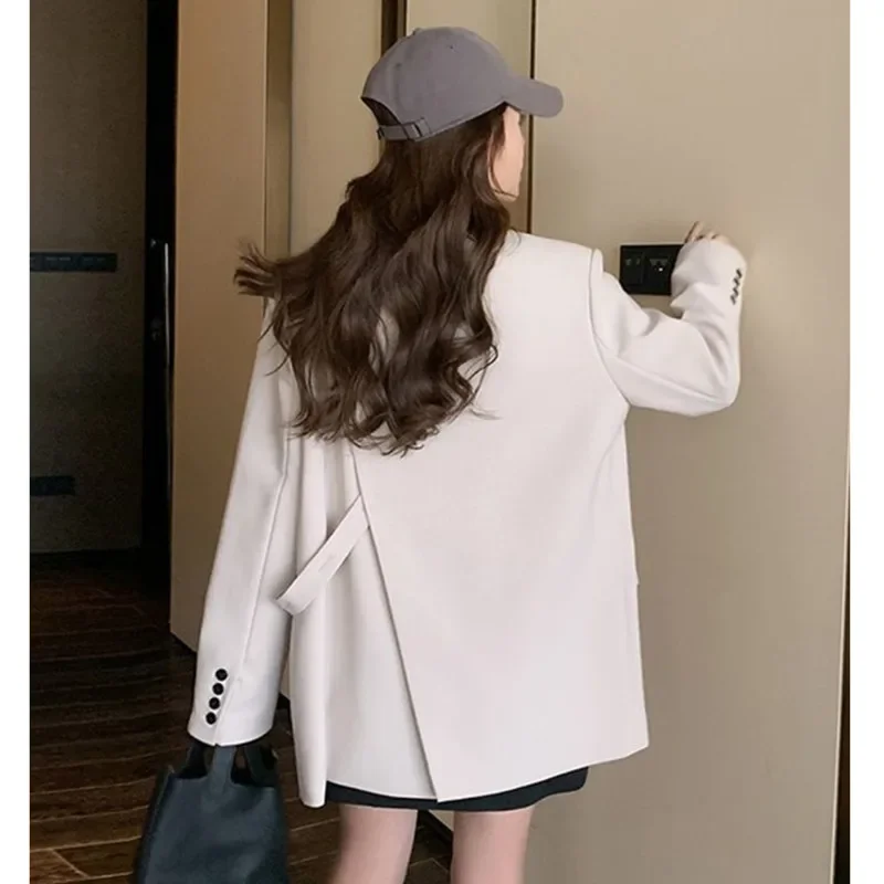 여성용 베이지 디자인 센스 백 스플릿 아우터 용수철, 한국 루즈한 긴팔 세트 코트, 패션 재킷, 2024 신상