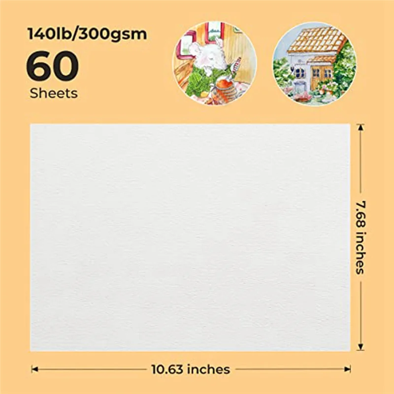 60 Sheets Watercolor Paper,Cold Press 50% Cotton&140Lb /300Gsm Acid-Free Bulk White Paper (10.63 X 7.68 Inch)