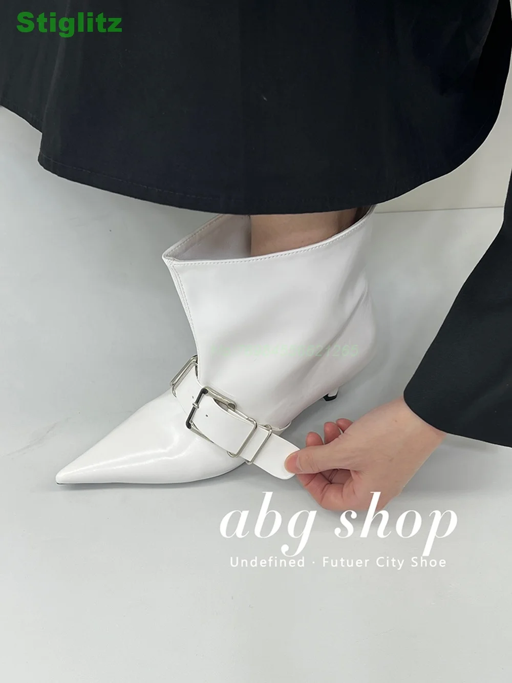 Solid Black Punk Belt Buckle Ankle Boots Loose Shaft White Pointed Toe Shoes For Women Cat Heel Fashion Slip On y2k Hot Girl