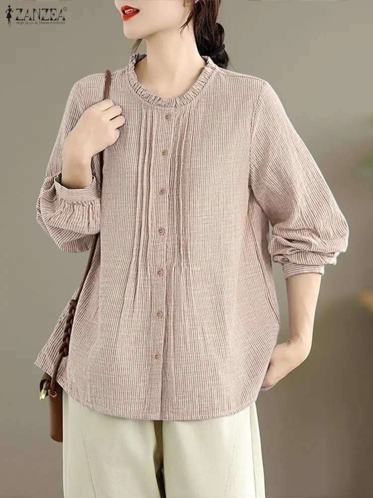 ZANZEA Damskie koszule w paski z marszczeniami, jesień 2025, codzienne bluzki z falbankami, dekolt okrągły, rękawy typu lampion, zapinane na guziki, odzież damska, rozmiary S-3XL
