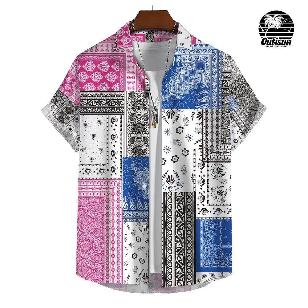 Camicia stampata da uomo Retro 3D stampato Patchwork Pattern Daily Casual Wear camicia a maniche corte da uomo oversize Top Size S-5XL