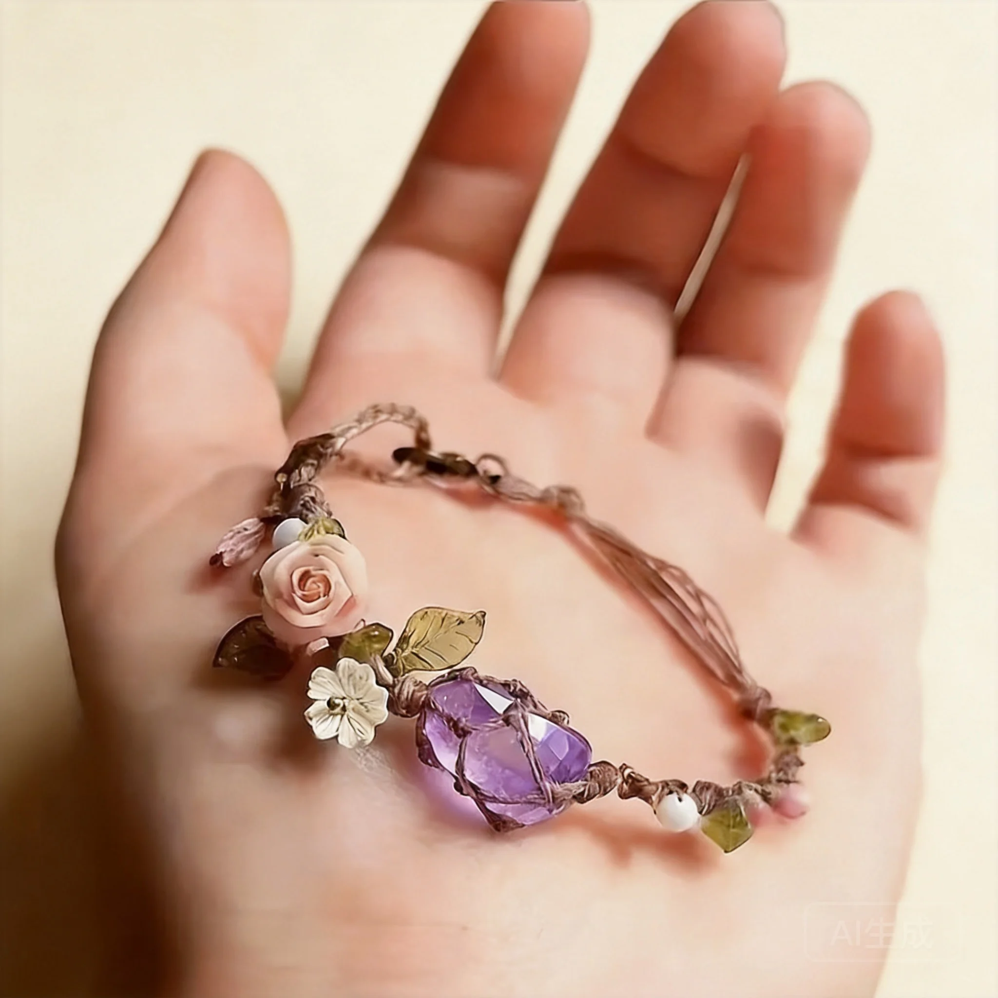 Chinese Style Macrame Adjustable Bracelet Purple Raw Glass Stone Flower Charm Lucky Fortune Blessing Boho Jewelry For Women Gift