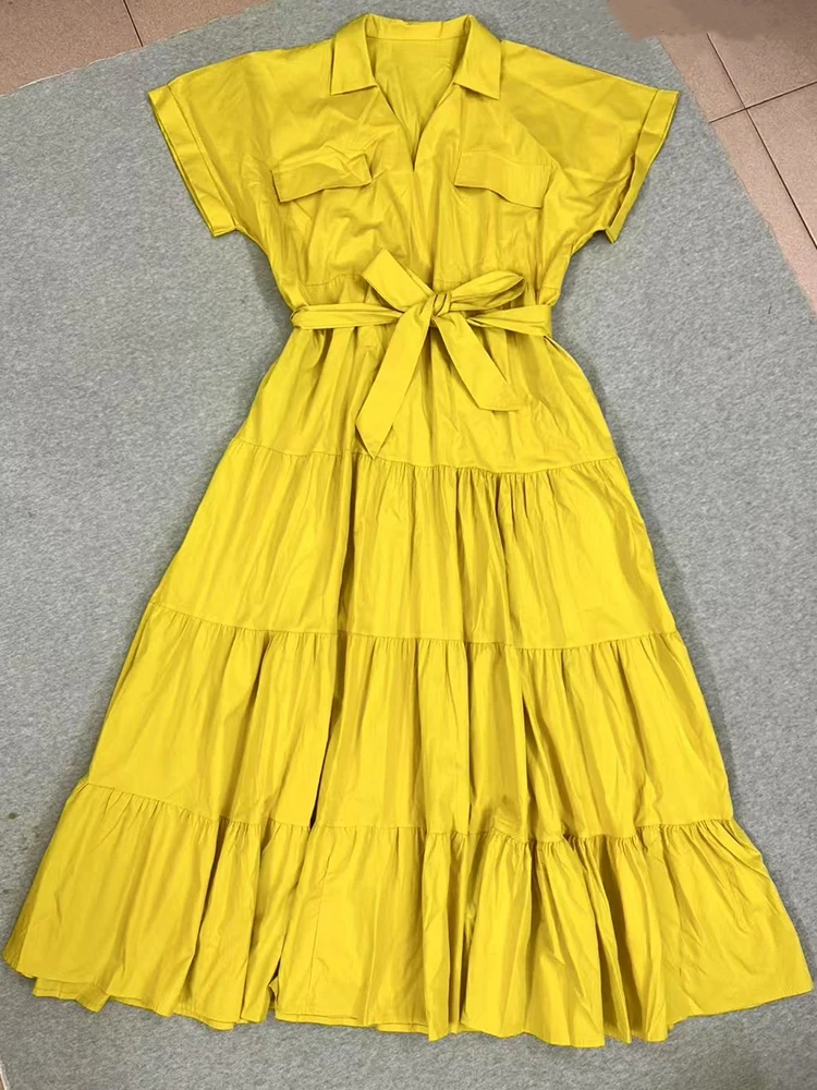 

Temperament lapel short sleeve loose dress 2025 summer women's new lace-up waist stitching big swing dress