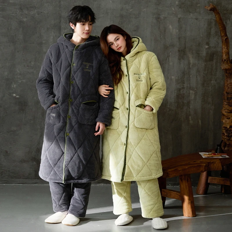 

Winter Couple Robe +Pant Hooded Pajamas Set Thick Warm 3 Layer Clip Cotton Pyjamas Casual Soft Women Men Home Clothing