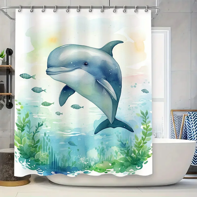 

Blue Dolphin Shower Curtain Underwater World Decoration with Fish Bathroom Decor for Kids Bedroom Gift