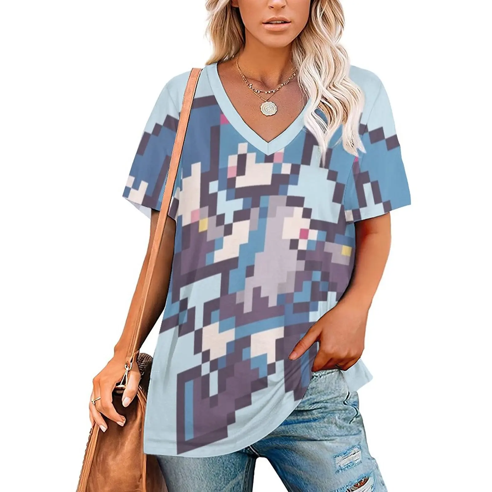 Ruffle Short Sleeve T-Shirt V Neck Shirts Pattern Cute Tops Casual Tee Miku Virtual Singer World Is Mine Melt Pixel 8