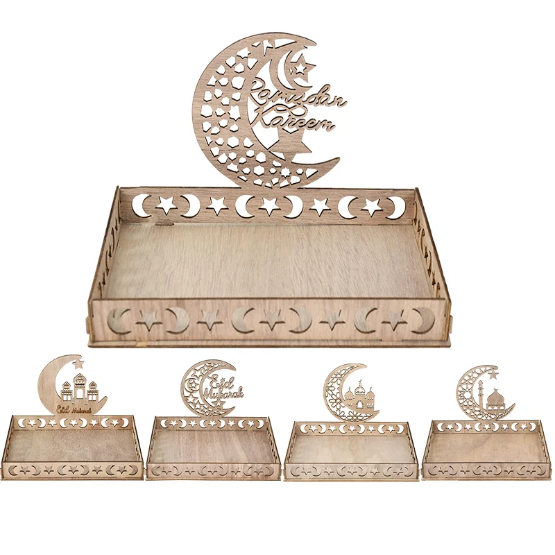 

Wooden Eid Mubarak Food Tray Moon Star Mosque Ramadan Decoration 2023 Happy Eid Al Adha Islamic Muslim Party Table Ornament