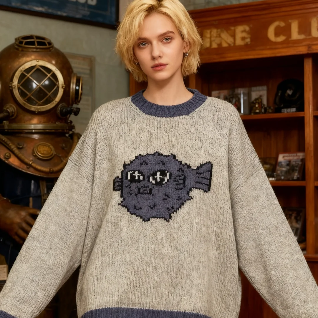 

Unisex Y2K Streetwear Pixel Pattern Knitted Sweater Windproof Warm Autumn Winter Fish Print Cute Design