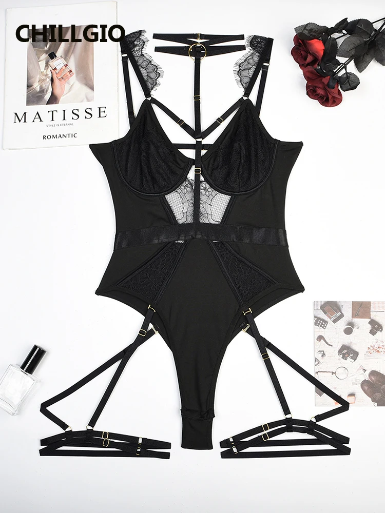

CHILLGIO Women Lace One Piece Combination Bodysuits Erotic Onesie Push Up Catsuits Slim Fashion Bodycon Strappy Rompers Lingerie