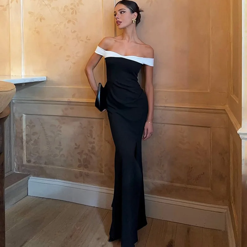 

Talenza Elegant Contrast Off Shoulder Dress Women Sexy Ruched Slim Split Maxi Dress New Backless Party Evening Dress Luxury 2025