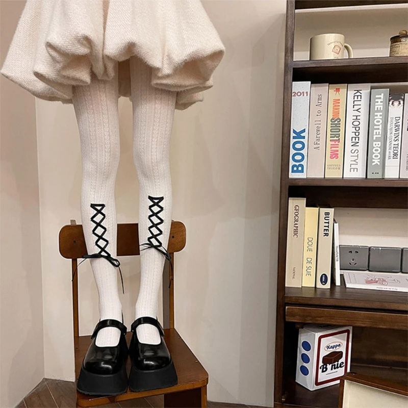 Women's Ballet Ribbon Bow Bandage Tights Pantyhose Stockings Lolitas High Waist Pantyhose Stockings Hosiery