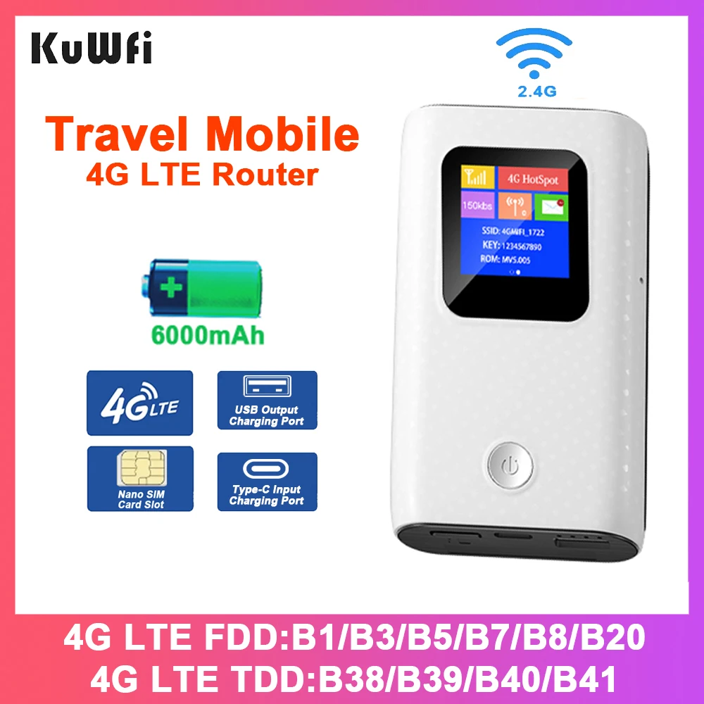 KuWFi CAT4 4G Mobile Router 2.4G Wireless WiFi Hotspot Portable Travel Mini LTE Router SIM Card Slot Built-in 6000mAh Battery