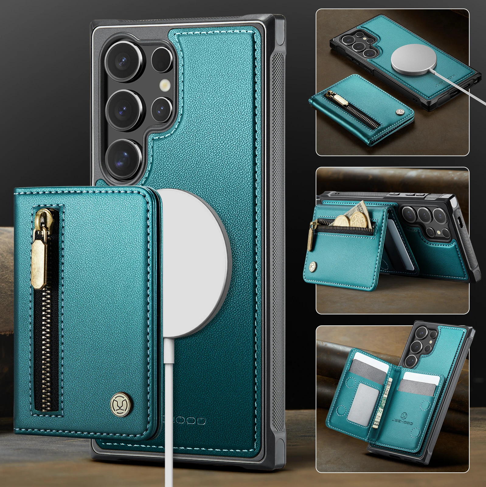 

Чехол-кошелек JEEHOOD-J12 для Samsung Galaxy S26 S25 S24 S23 S22 S21 FE S20 Ultra Plus, роскошный кожаный чехол-держатель на молнии 2 в 1