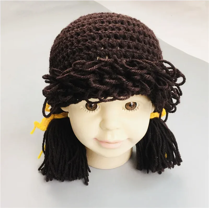 Cute Newborn Baby Girl Beanie Hat Cosplay Hair Braid Wig Cap Winter Warm Knit Children Kids Girls Hats and Caps Photography Prop