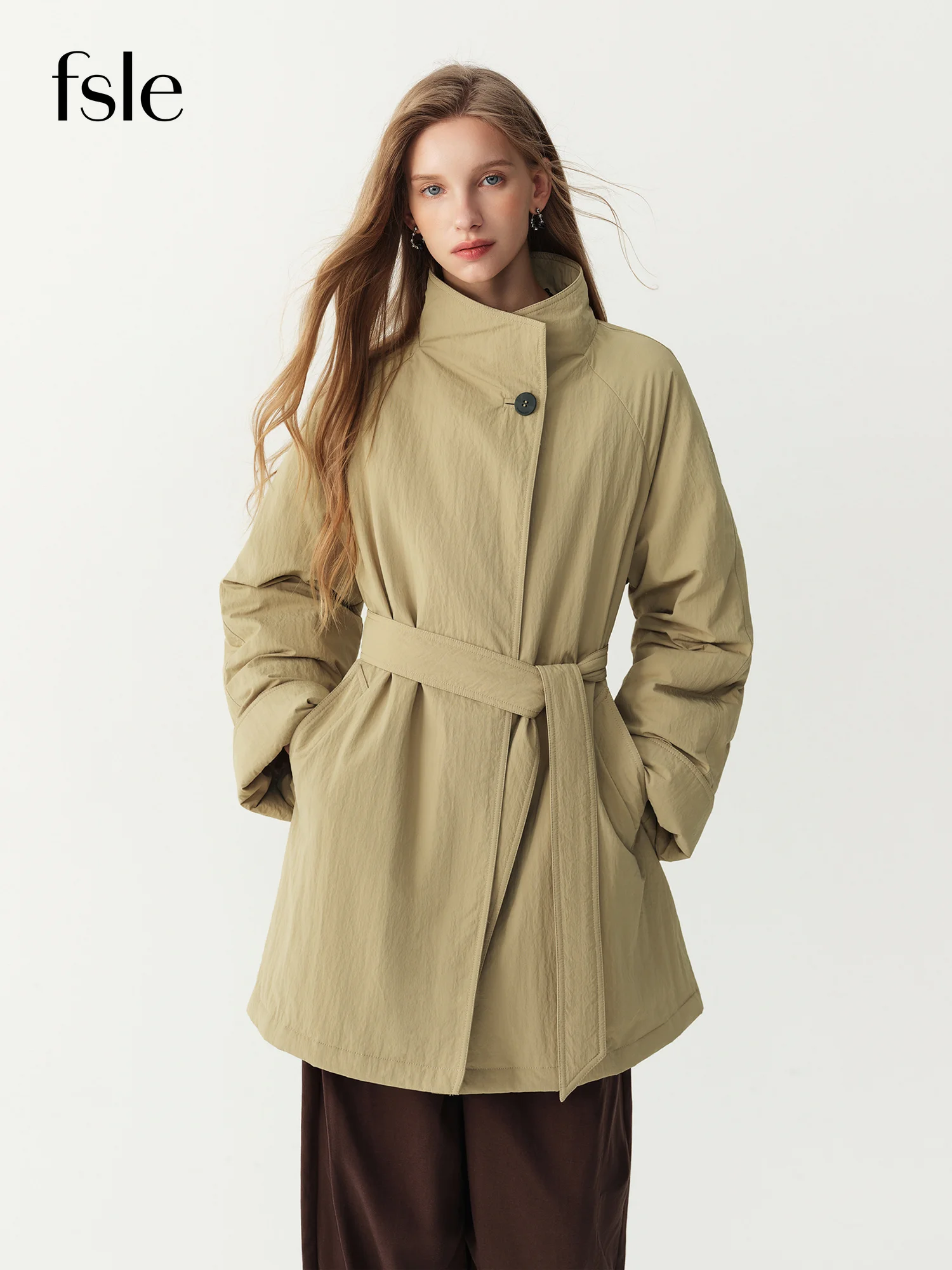 FSLE 2026 Winter New Women's Commute Stand Collar Direct Down Fill Trench Style Down Puffer Coat Warm Thick Quilted Outerwear