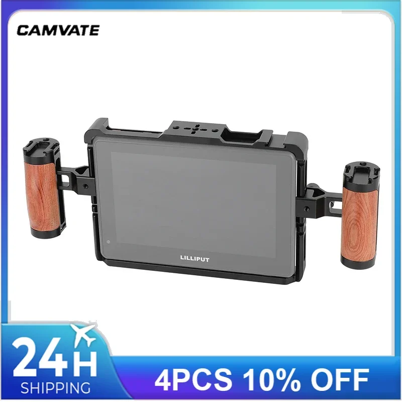 

CAMVATE Full Monitor Cage Rig for Lilliput HT7S 7" 4K with Wooden NATO Handles Top Shoe Mount for LED Video Lights Microphones