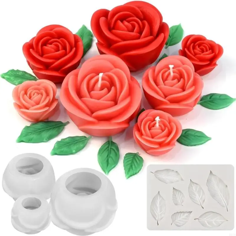 Rosenkerzenform-Set, 4-teiliges Blumenguss-Set mit 3 Rosenstilen und Blattstrukturplatte für Seifenherstellung und Heimblumen – Detail 5