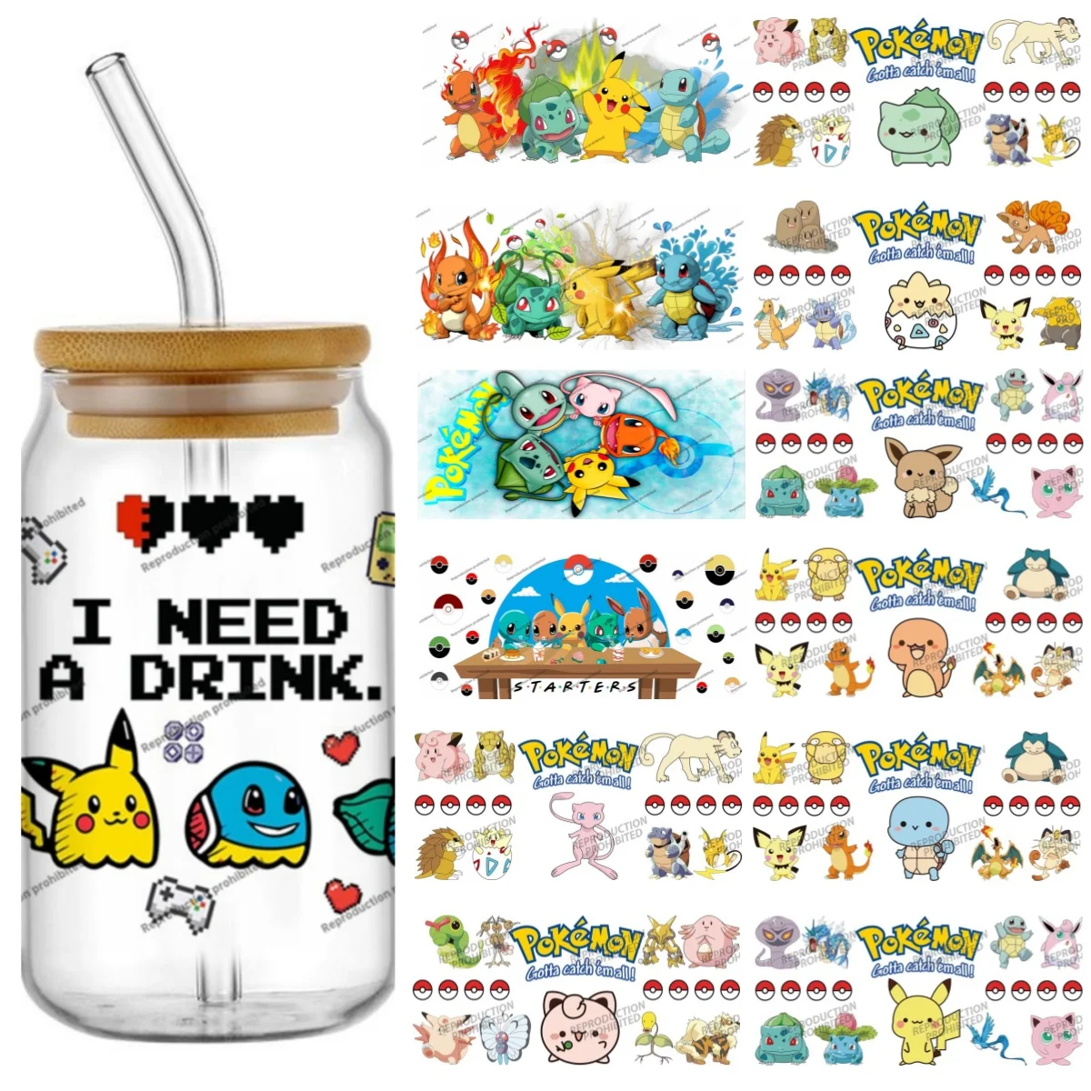 Lo más nuevo, diseño Popular de 41 Hype, Anime, lindo Pokémon Kawaii, 16oz, UV DTF, pegatina 3D, calcomanías de Manga de dibujos animados, taza, café, regalo de cumpleaños