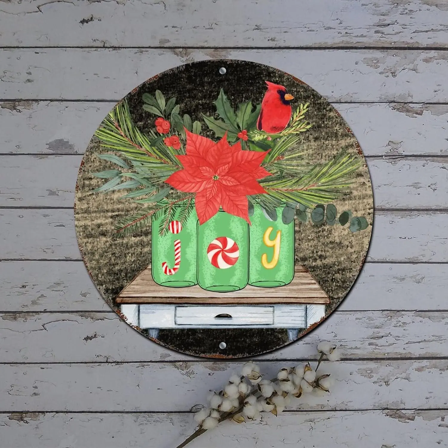 Merry Christmas Wreath Sign Poinsettia Vase Joy Wood Grain Round Metal Tin Sign Christmas Hanging Decor Distressed Stylish Tin S