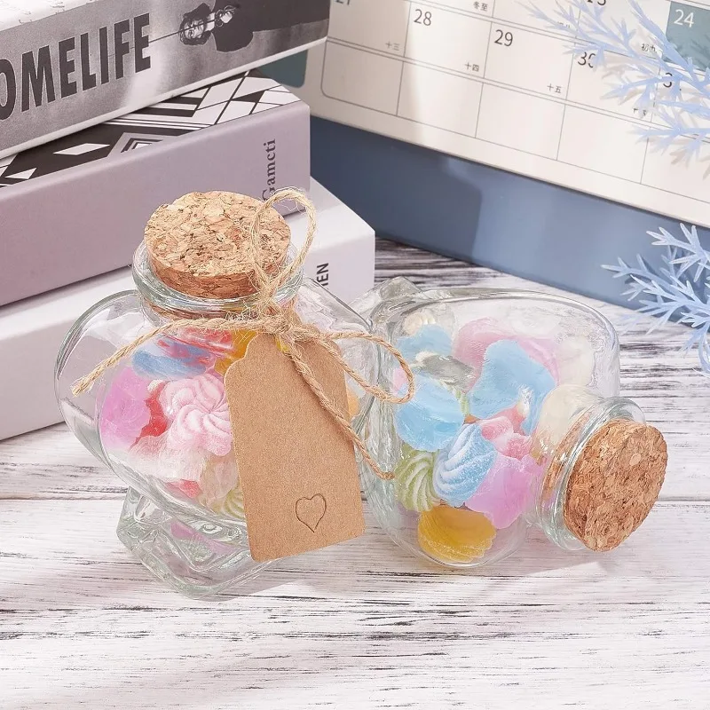 8 Pack 60ml Heart Shaped Candy Glass Jars Wedding Favor Jars Wish Drifting Bottle with Cork Lids Label Tags and String for Candy