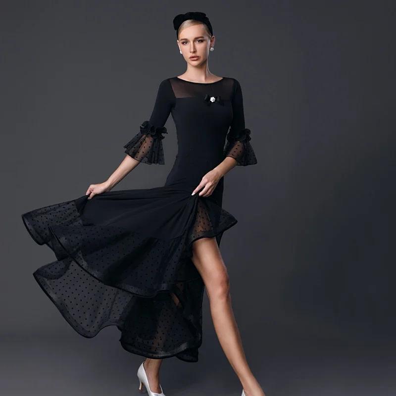 2023 جديد قاعة الرقص ملابس النساء قصيرة الأكمام اللاتينية الرقص القمم شبكة تنورة الكبار اللاتينية الرقص المنافسة فساتين SL9374 #1