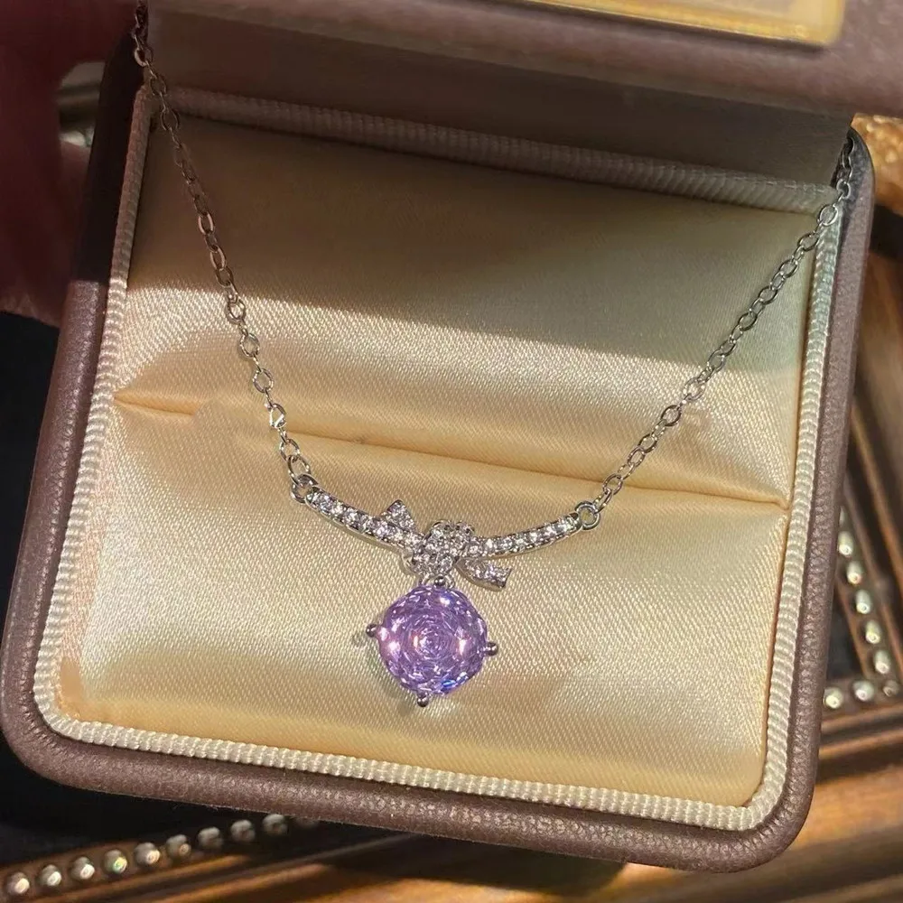 

Rose Shaped Sparkling Pink Quartz High-carbon Diamond Pendant Necklace for Women 14k Gold Sterling Silver 925 Cute Choker Gifts
