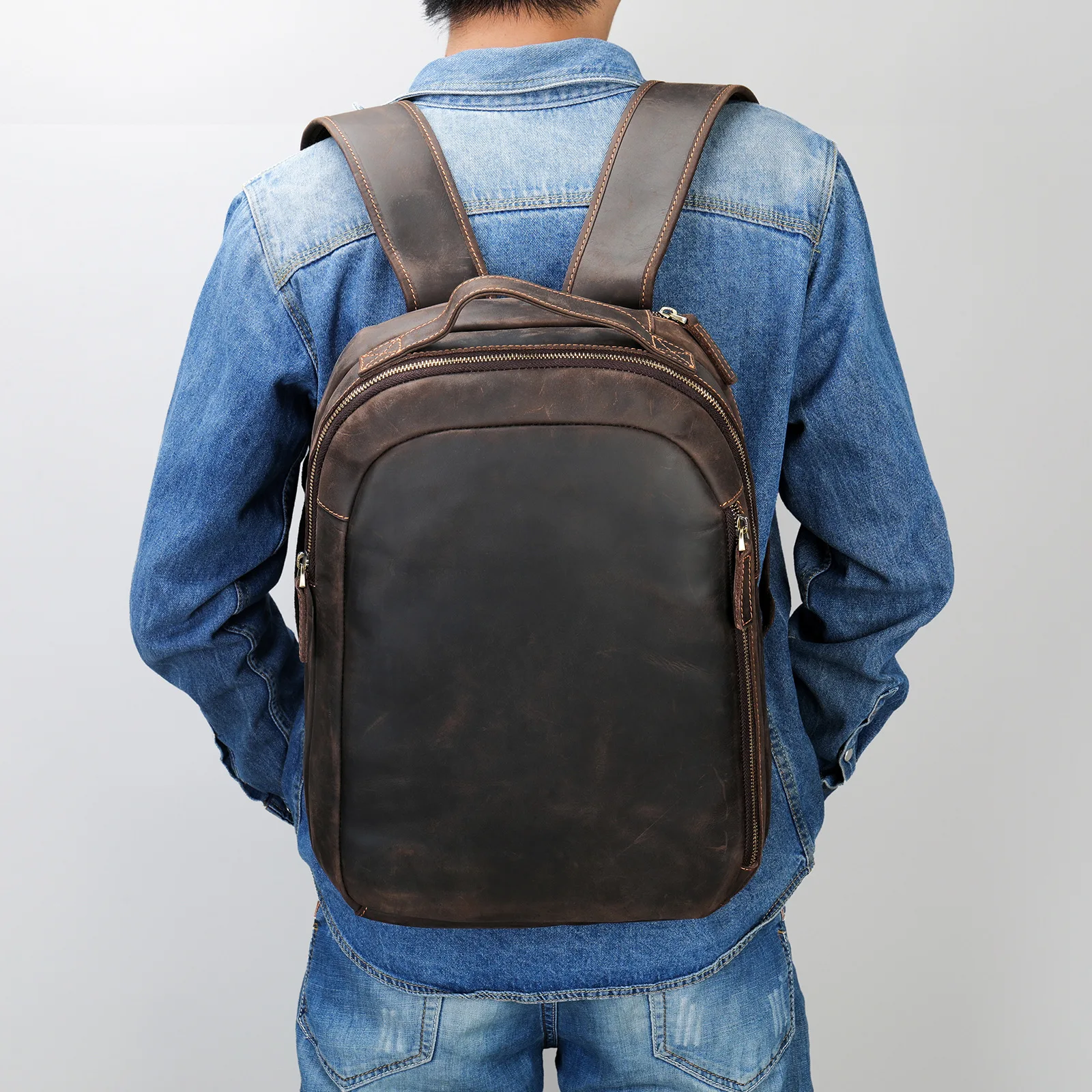 Vintage Crazy Horse Leather Backpack - Men's Classic School Bag, Durable Cowhide Laptop Rucksack for Students & Travel