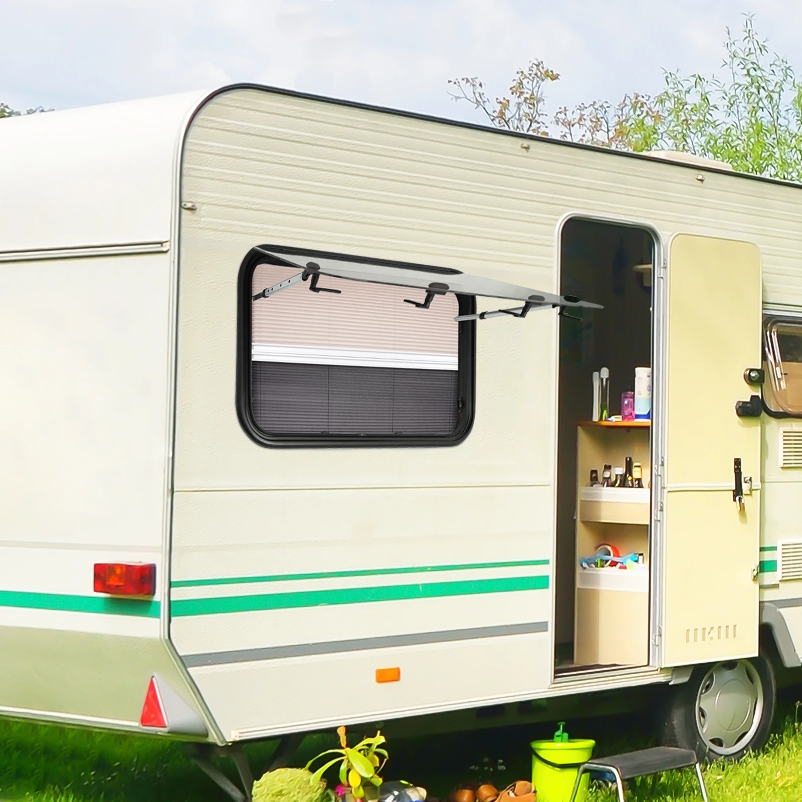 Fenêtre coulissante pour camping-car 90×55cm avec moustiquaire, cadre en alliage d'aluminium, verre trempé 4mm 65 °   Poignée intérieure verrouillable à angle d'ouverture réglable, fenêtre rectangulaire pour camping-car avec revêtement par pulvérisation, pour conversion de remorque, fourgonnette, camionnette, montage mural 30 mm, protection contre le vent et la pluie