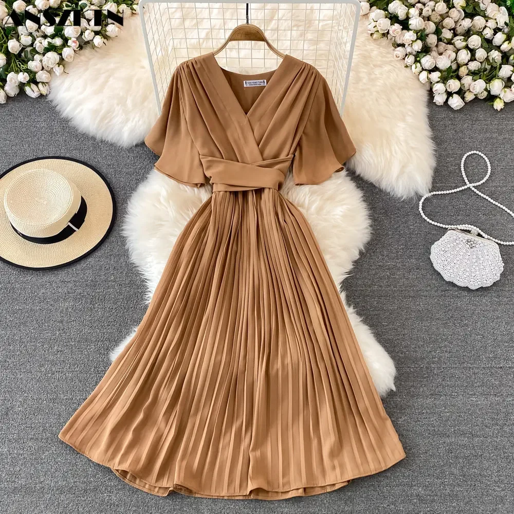 Women Puff Sleeve Dress Solid Color Bow Casual ANSZKTN Summer High Waist Dress V-neck Midi A-line Black Dresses Ladies