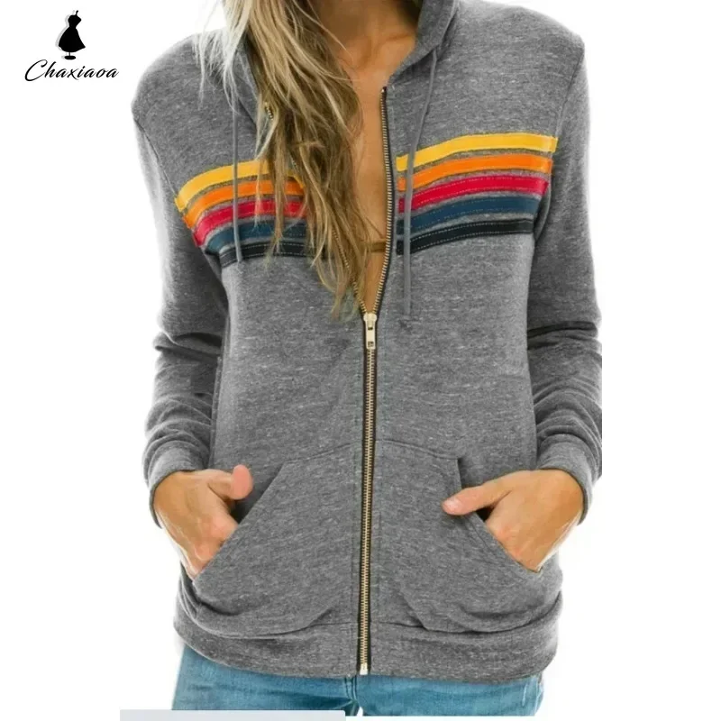 Autumn Unisex Women\'s Aviator Nation Long Sleeve Hooded Sweatshirts Casual Zipper 5 Stripe Rainbow Hoodies Jacket Coat