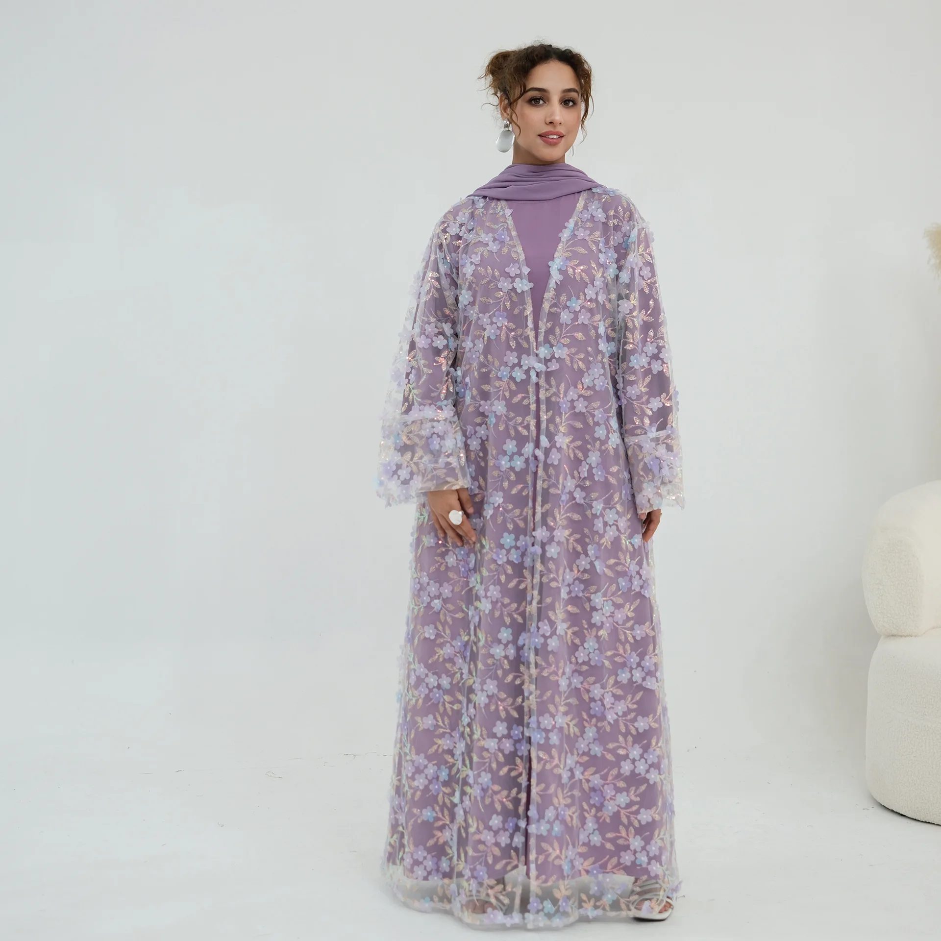 2026 Fashion Dubai 3D Flower Embroidered Abaya 3pcs Set Open Coat Inner Dress Hijab Islamic Turkey Kaftan Morocco Islam Outfit