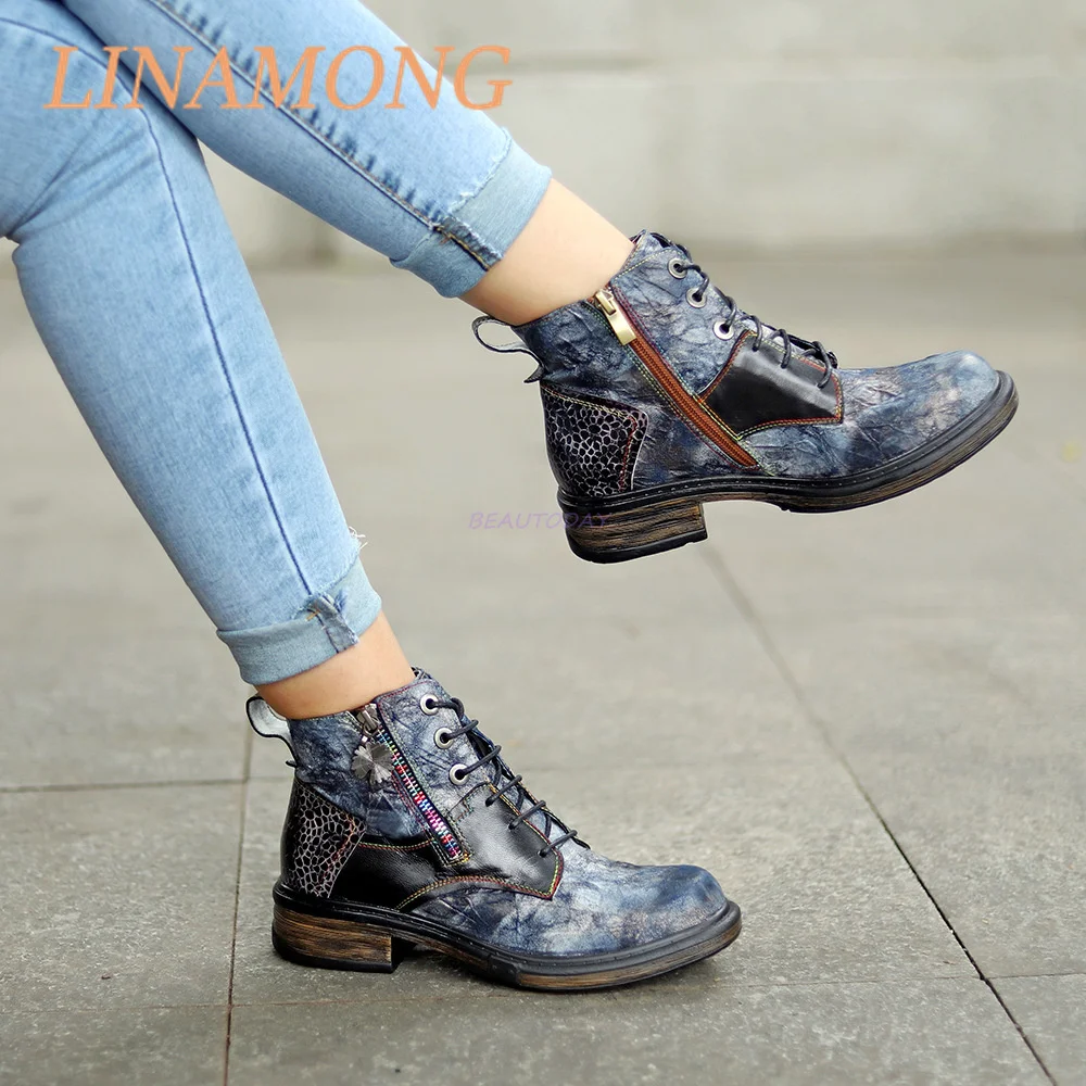 

Leopard Print Splicing Flat Heel Short Boots Retro Motorcycle Casual Style Metallic Texture Side Zipper Height Increasing Boots