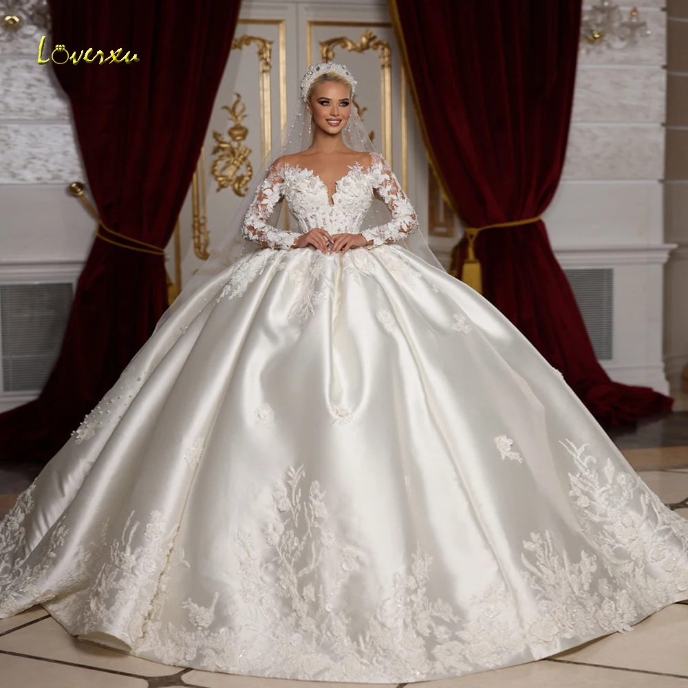 Loverxu Ball Gown Royal Wedding Dresses Sweetheart Long Sleeve Vestido De Novia Embroidery Matte Satin Custom Made Bridal Gown