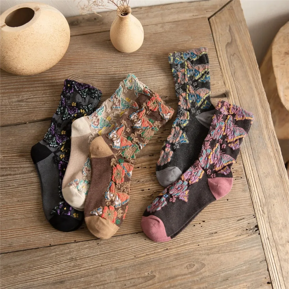 Butterfly Embossment Vintage Cotton Long Socks Cute Socks Women Ethnic Harajuku Retro Streetwear Women Socks Gifts Autumn Winter