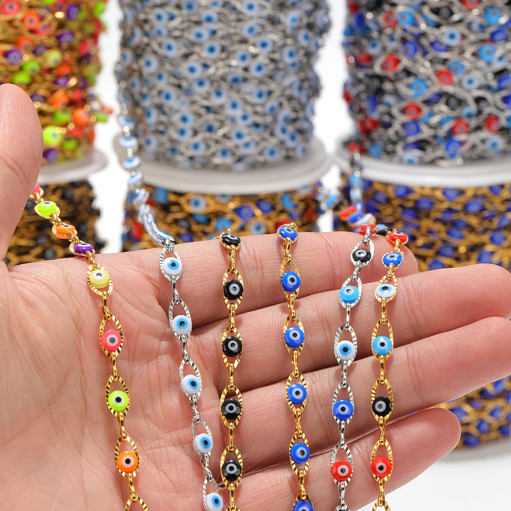 1 Meter Edelstahl-Plastikperlen, Türkei-Augen-Anhänger, ovale Gliederketten, Perlenkette für DIY-Schmuckherstellung von Halsketten und Armbändern – Detail 4