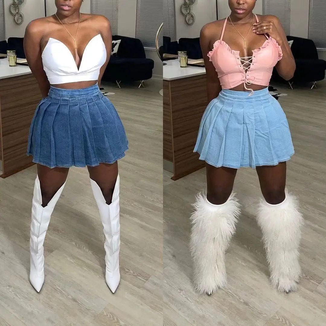 Y2k Ripped Denim Pleated Skirts Tassel Waist Mini Jeans Skirt Women Summer 2023 Streetwear Side Split Mini Denim Skirt Suits