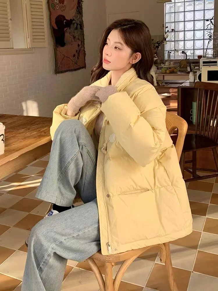 FIGOHR Women\'s Down and Cotton Jacket Korean Preppy Style Yellow Overcoat with Cow Horn Buckle Female Sweet Jacket 2024 Winter