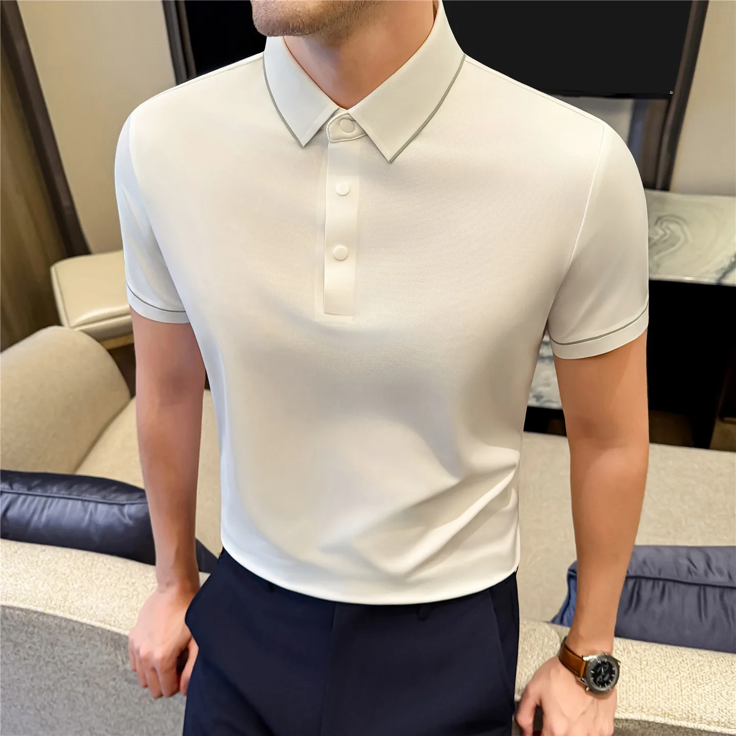 

Мужская летняя люксовая рубашка-поло с коротким рукавом - бесшовная текстура из ледяного шелка и дизайн с цветовыми блоками, деловой повседневный стиль